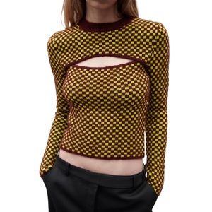 ZARA maroon yellow checkered print cut out neckline sweater size small
